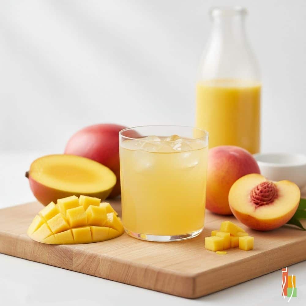 Boisson protéinée pêche et mangue, rafraîchissement fruité, complément protéique, mode de vie actif, Clinique Maigrir en Santé.