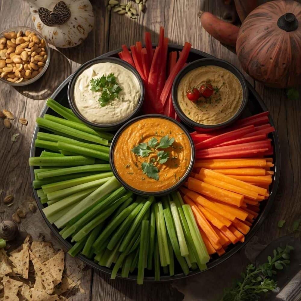 recette assortiment de trempettes de légumes minceur (hummus léger, tzatziki) avec crudités. Collation faible en gras et saine de la Clinique Maigrir en Santé.