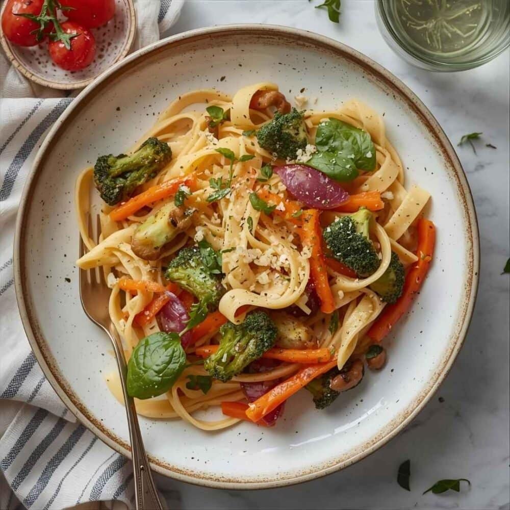 Photo d'une assiette de fettuccine protéiné avec une variété de légumes sautés (brocoli, carottes, poivrons). Recette végétarienne et minceur de la Clinique Maigrir en Santé.