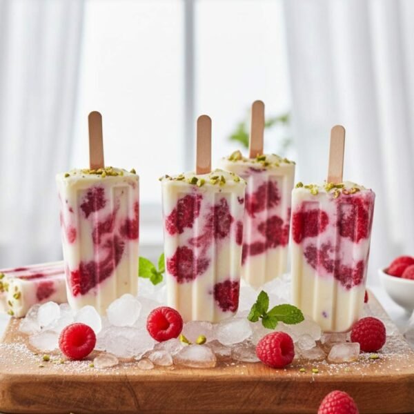 Recette de sucettes glacées (popsicles) à la vanille et framboises, faibles en calories et sans sucre ajouté. Recette diététique de la Clinique Maigrir en Santé.