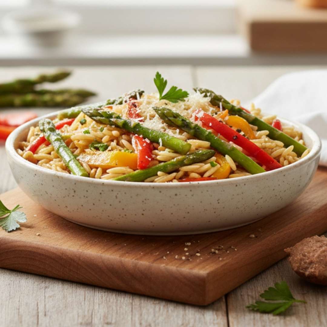 Recette Orzo minceur aux poivrons et asperges grillées. Plat sain, faible en calories pour la perte de poids, recommandé par Clinique Maigrir en Santé.