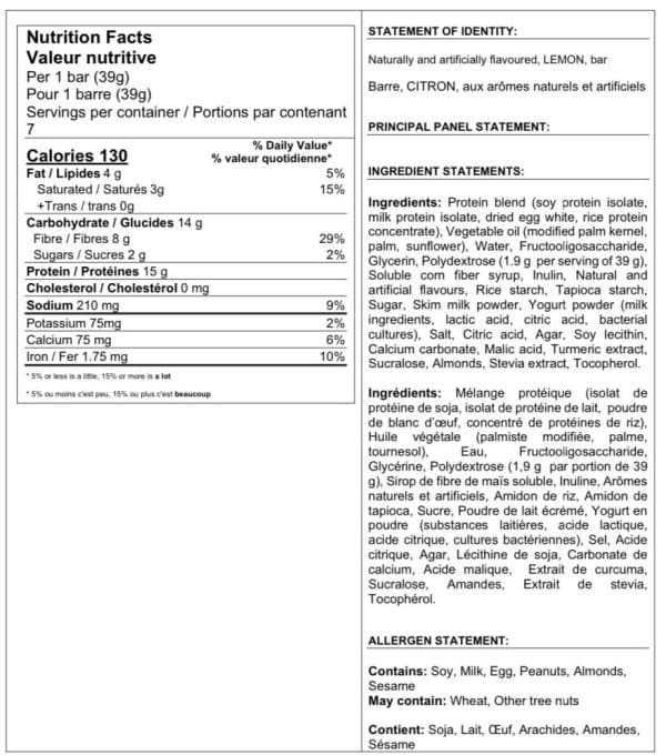 Valeur nutritive des barres protéinées citron