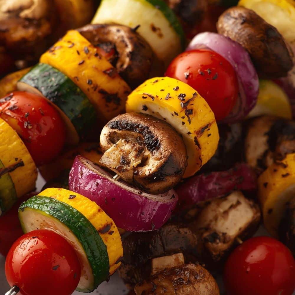 Brochettes de légumes grillés assaisonnés, une recette légère et colorée pour accompagner vos repas santé.