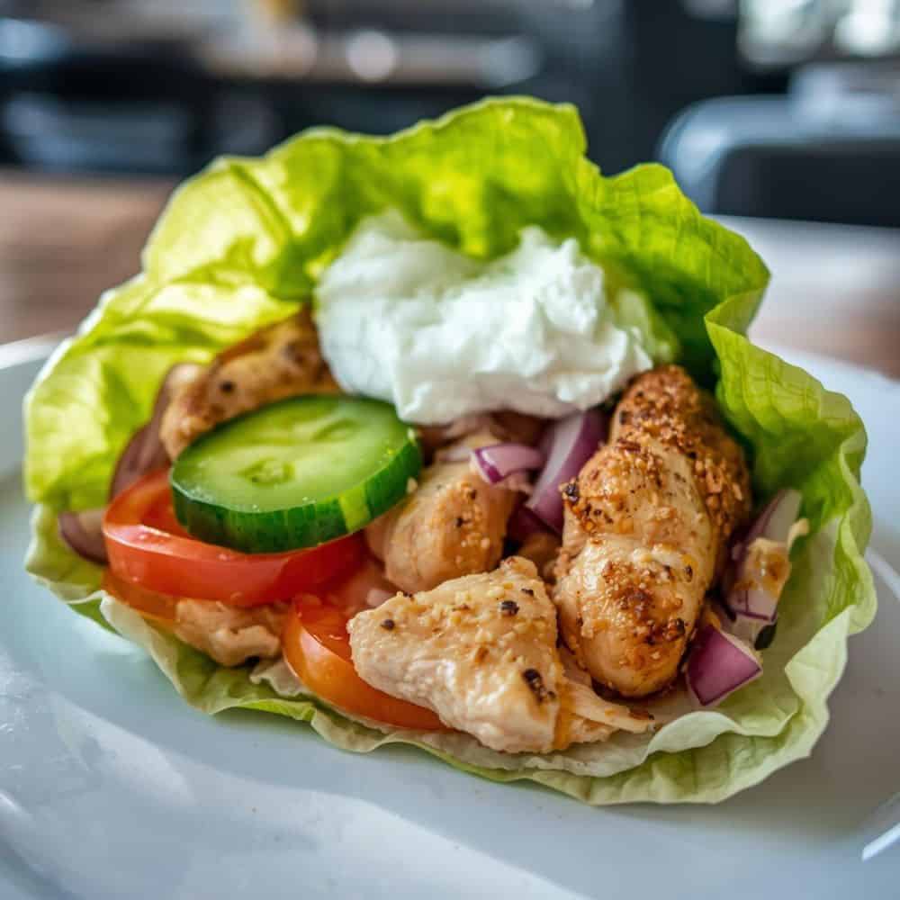 Wraps de laitue au poulet et légumes croquants, une option fraîche et sans pain pour un repas minceur.