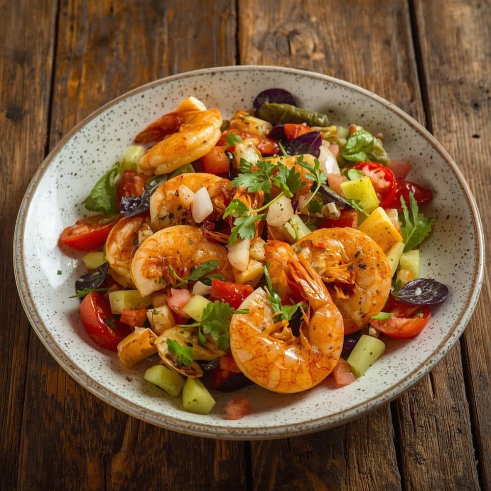 Une recette de crevettes croustillantes marinées au citron avec sa salade de légumes. Toute simple à préparer et rapide.