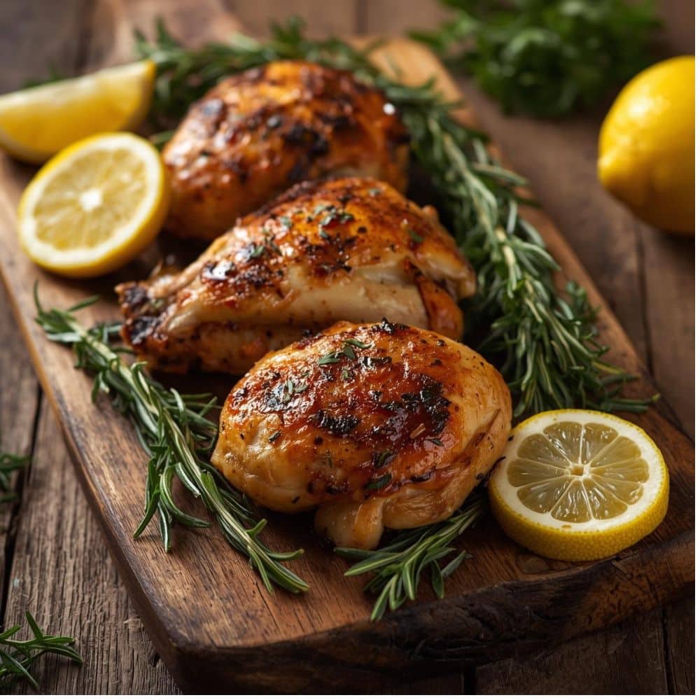 Délicieuses poitrines grillées de poulet au citron et romarin. Une recette de poulet cuit sur le Barbecue ou à la poêle.
