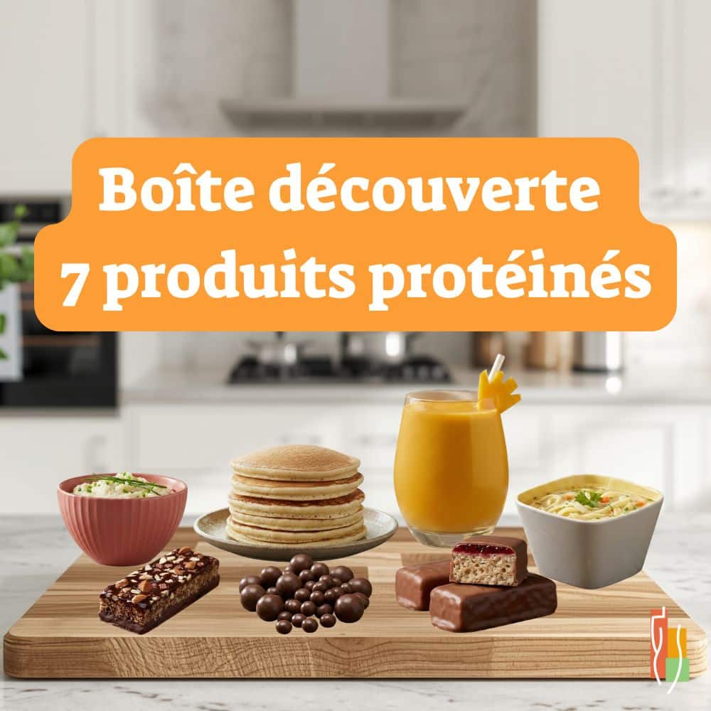 Boîte découverte de 7 produits protéinés Clinique Maigrir en Santé incluant soupes, barres et smoothies.