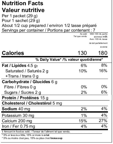 Tableau nutritionnel des Céréales protéinées saveur de pommes et cannelle: 130 kcal et faible en sucre - Clinique Maigrir en Santé.