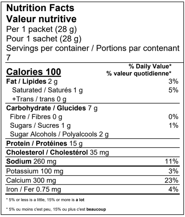 Tableau des valeurs nutritionnelles de la crêpe protéinée aux pépites de chocolat sans gluten de chez Clinique Maigrir en Santé.