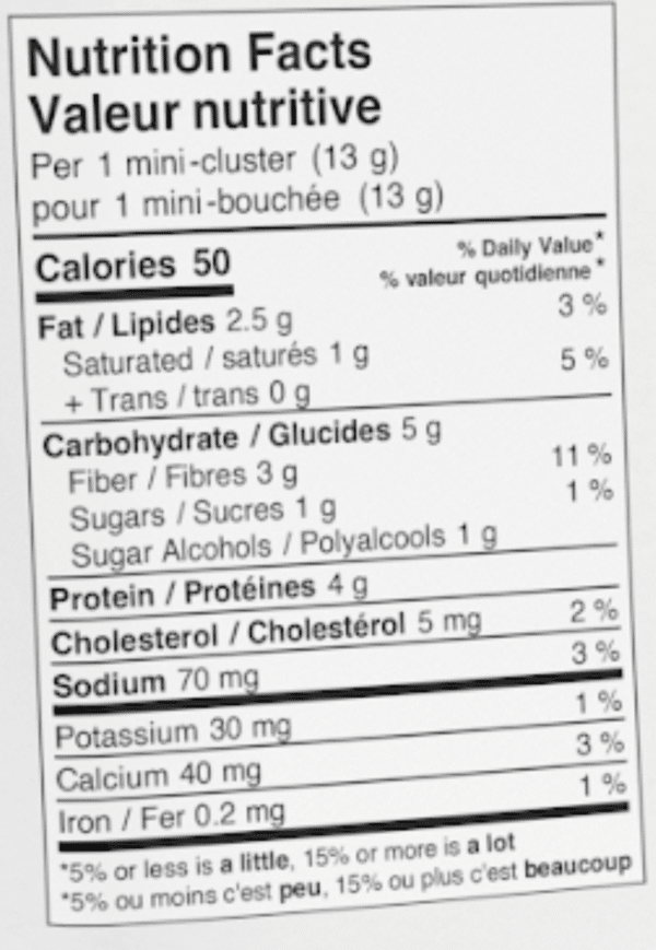 Tableau nutritionnel des mini bouchées protéinées chocolat arachides : 50 kcal et 4g de protéines - Clinique Maigrir en santé