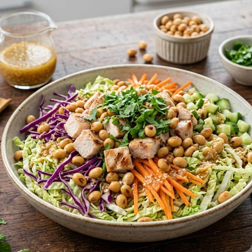 Recette de salade asiatique minceur au poulet parsemée de noix de soya grillées et salées de la Clinique Maigrir en Santé
