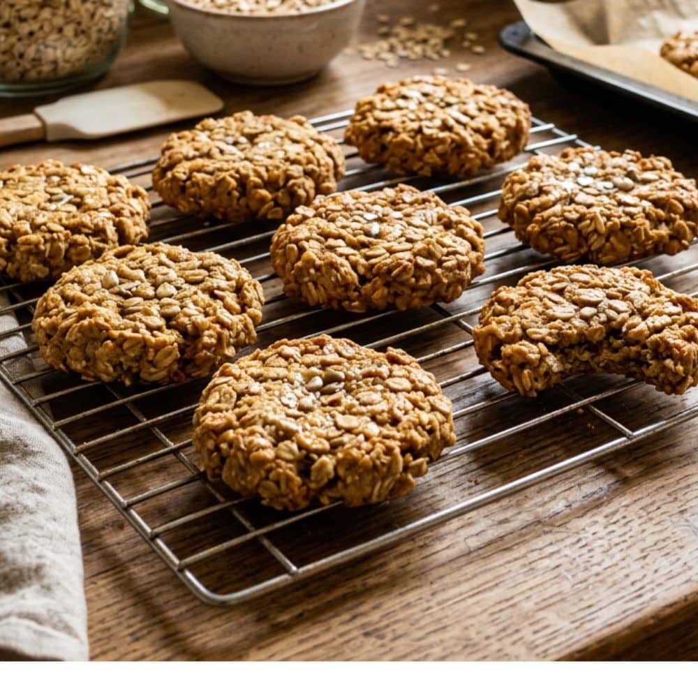 Biscuits au gruau protéiné maison déposés sur une plaque de cuisson