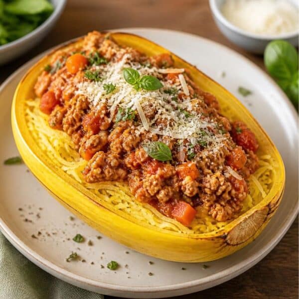 Courge spaghetti cuite servie avec sauce bolognese allégée à la dinde hachée