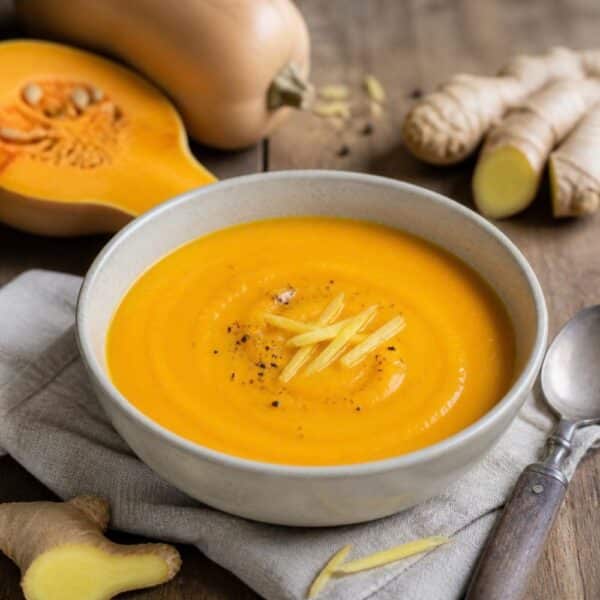 Bol de velouté de courge butternut au gingembre garni d'herbes fraîches